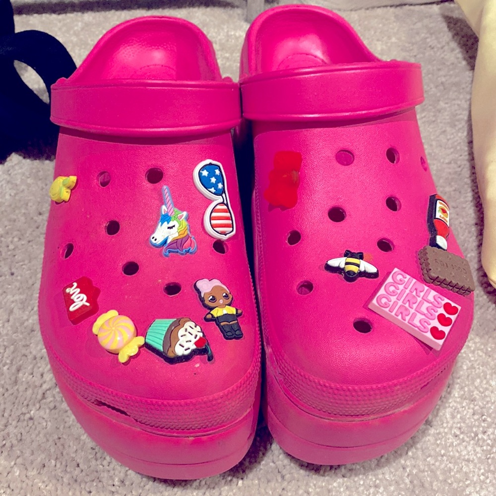 Pink platform crocs